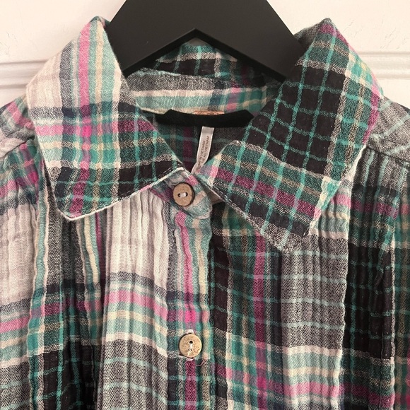 Free People The Voyage Shirtdress Mini. Oversized Pink Grey Turquoise Plaid XS - Picture 6 of 16